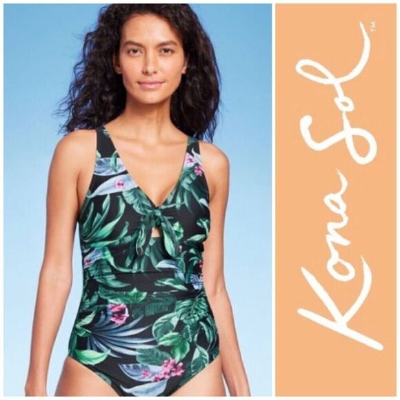KONA SOL - NWT - L Sz Lg Full Coverage Tummy Control Tie-Front 1-Piece/Tropical - Picture 1 of 15